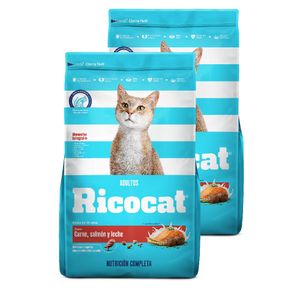 Pack Comida para Gatos RICOCAT Carne, Salmón y Leche Bolsa 9 kg x2u