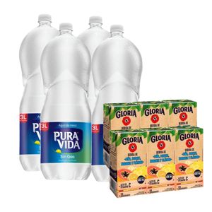Combo Agua PURA VIDA Sin Gas Botella 3L x4u + Bebida GLORIA Surtido 500ml x6u